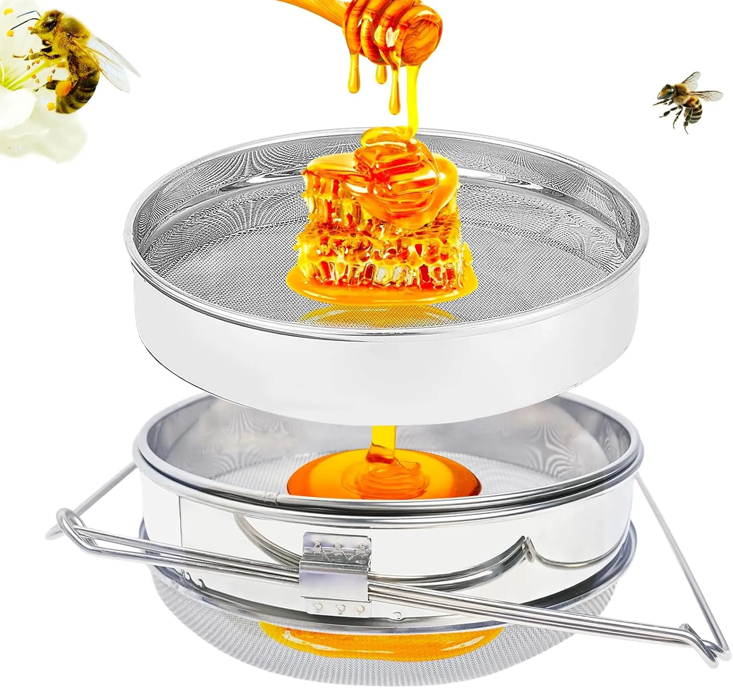 Premium 304 Stainless Steel Dual-Layer Honey Strainer, Ultra-Fine Mesh Filter with Adjustable Handles & 5 Gallon Bucket Compatibility-Professional Beekeeping Equipment for Pure Honey Harvesting