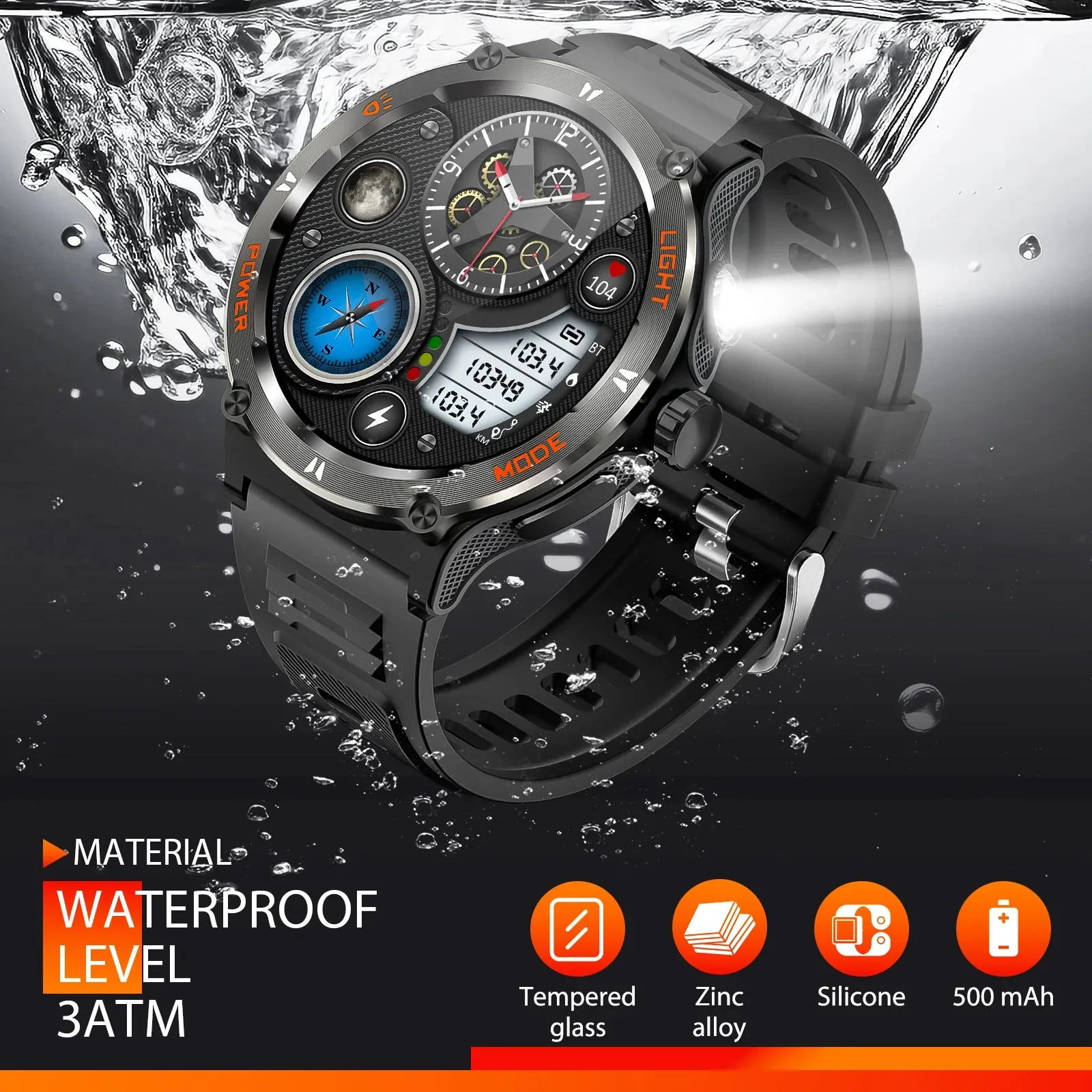 Premium Rugged Military Smartwatch for Men – 1.53" AMOLED, Bluetooth Call, GPS Tracker, 500mAh, 3ATM Waterproof, Outdoor Compass, Health Monitoring, Fitness Tracker