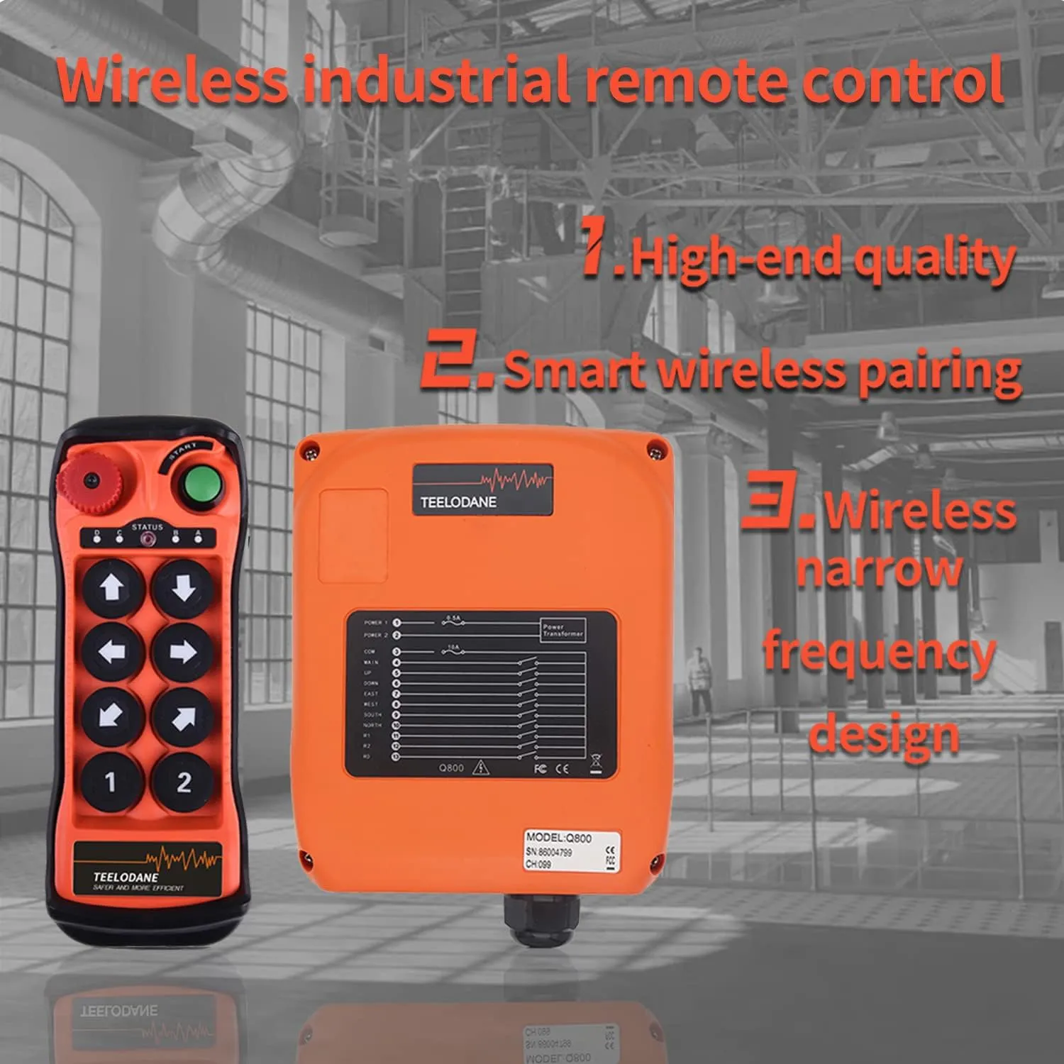 Q800 Industrial Wireless Crane Remote Control kit 8 Button 12v 24v Electric Lift Hoist Overhead Tower Bridge Transmitter Receiver with Emergency Stop