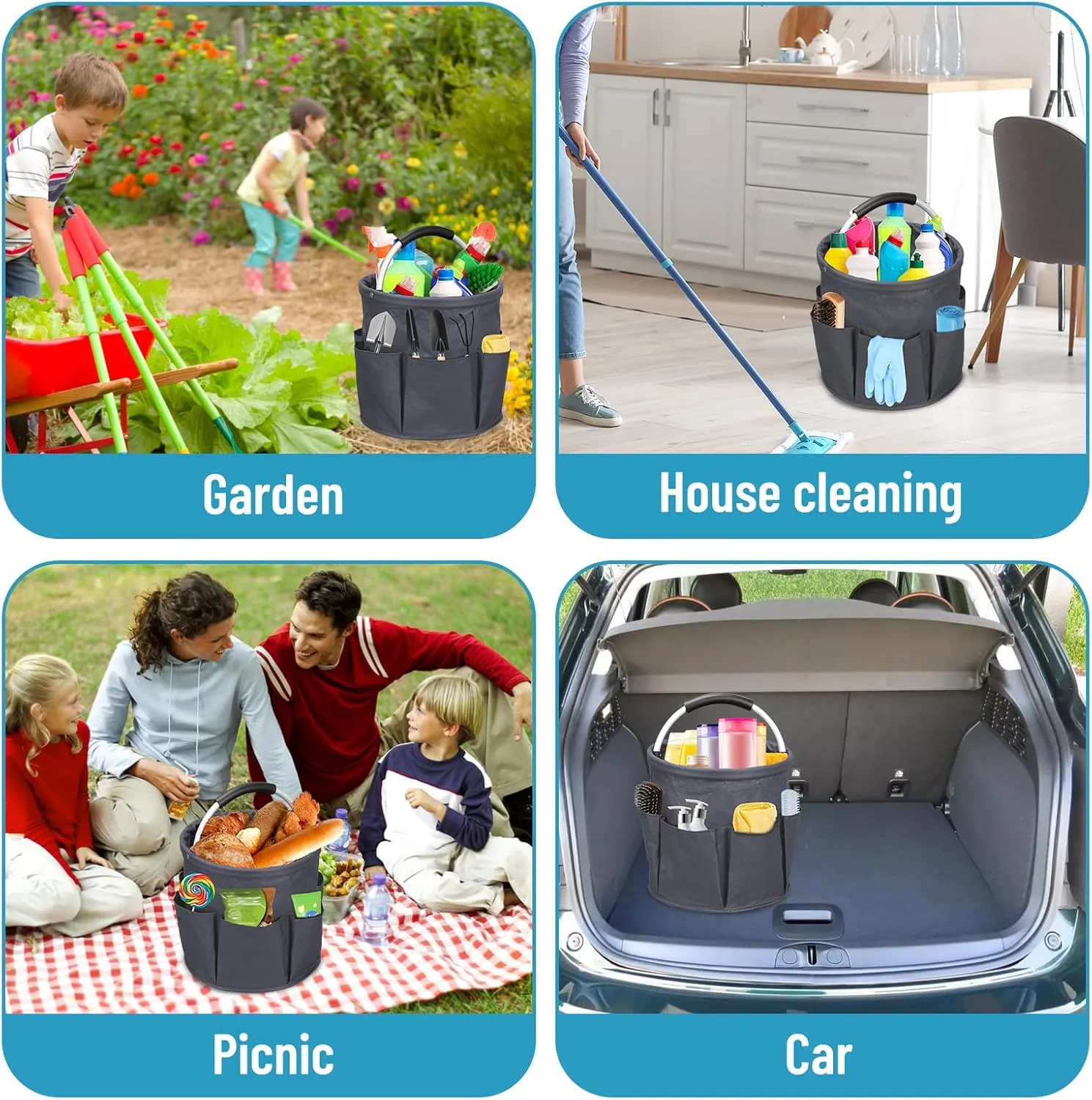 Qivine 17L Cleaning Caddy with Handle, Cleaning Supply Caddy Foldable Cleaning Caddy Cleaning Products Organizers Portable Cleaning Bucket Organiser for Storing Towels (Dark Gray)