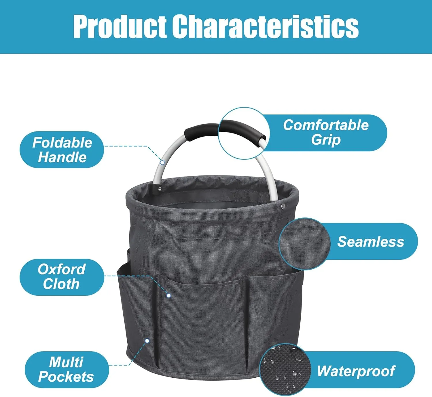Qivine 17L Cleaning Caddy with Handle, Cleaning Supply Caddy Foldable Cleaning Caddy Cleaning Products Organizers Portable Cleaning Bucket Organiser for Storing Towels (Dark Gray)