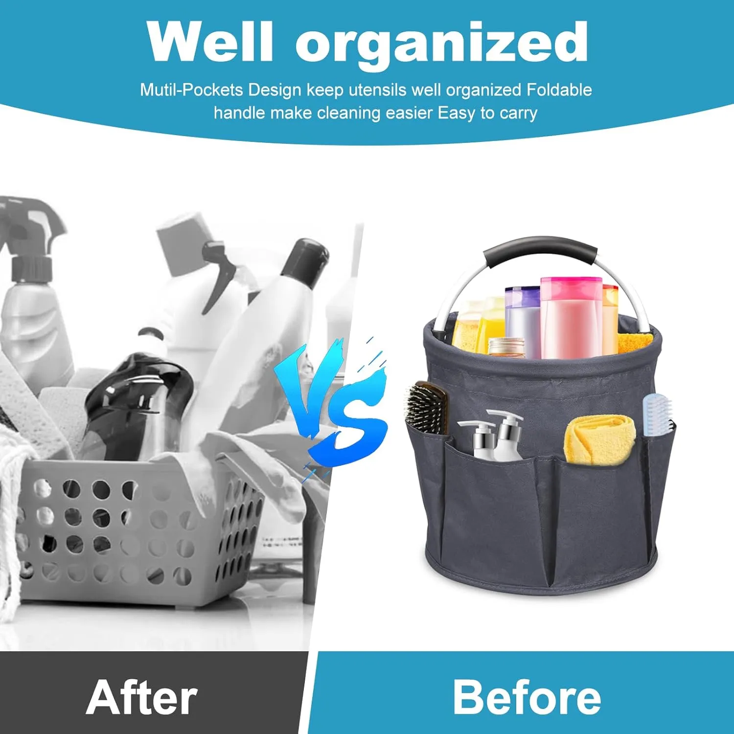 Qivine 17L Cleaning Caddy with Handle, Cleaning Supply Caddy Foldable Cleaning Caddy Cleaning Products Organizers Portable Cleaning Bucket Organiser for Storing Towels (Dark Gray)
