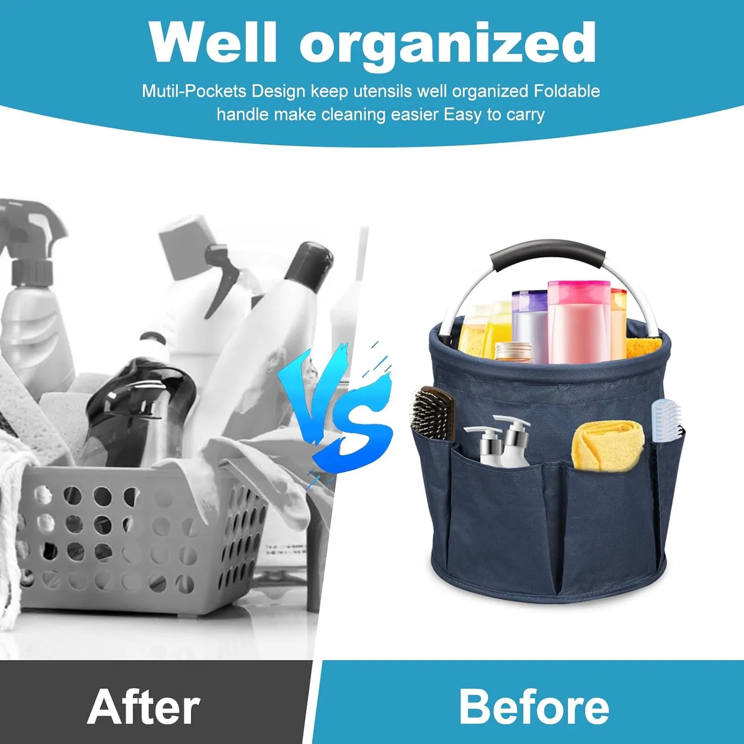 Qivine 17L Foldable Cleaning Caddy with Handle - Portable Cleaning Bucket Organiser for Storing Towels