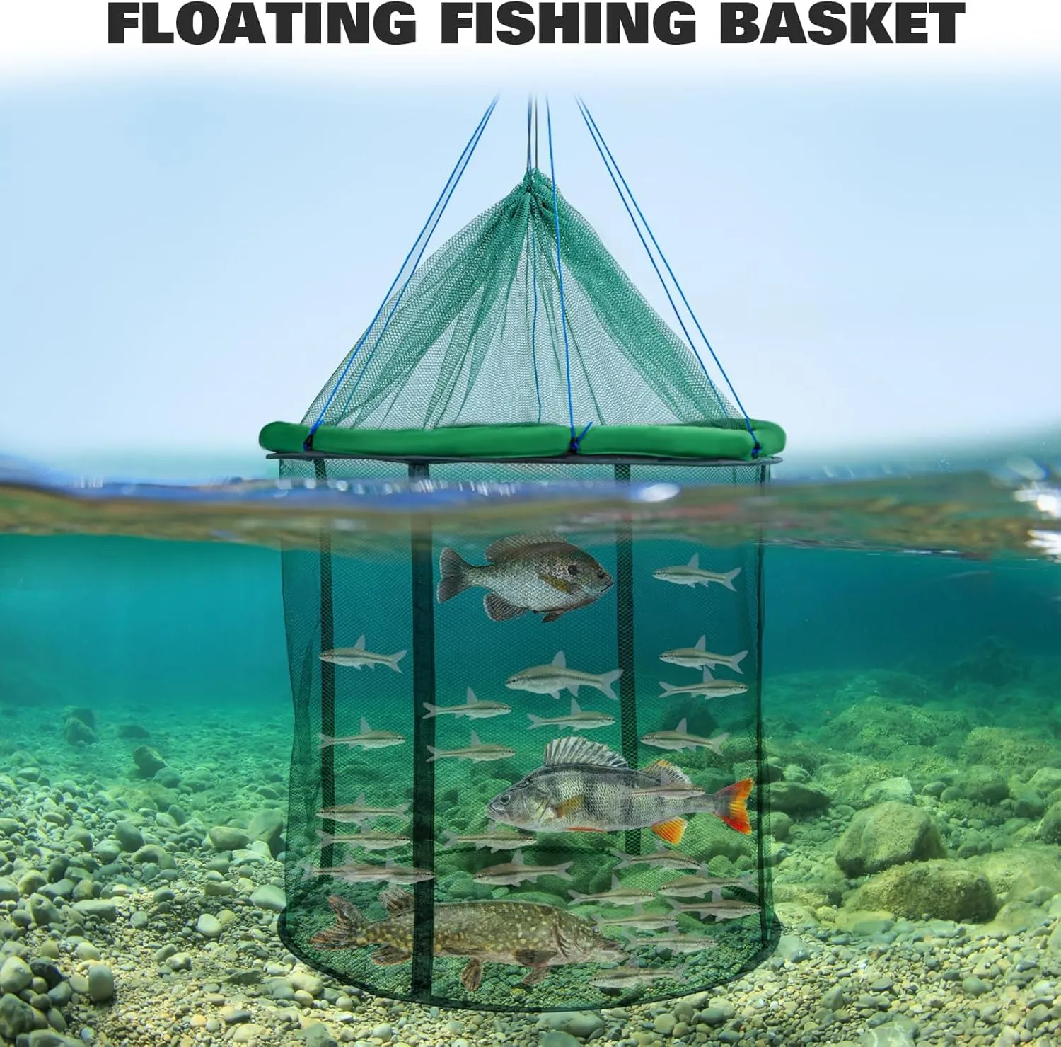 QualyQualy Floating Fish Basket 41/73 Gallons Extra Large for Live Caught, Fully Foldable Fishing Net Holder for Bait Live Well Collapsible Mesh Fishing Holder Cage