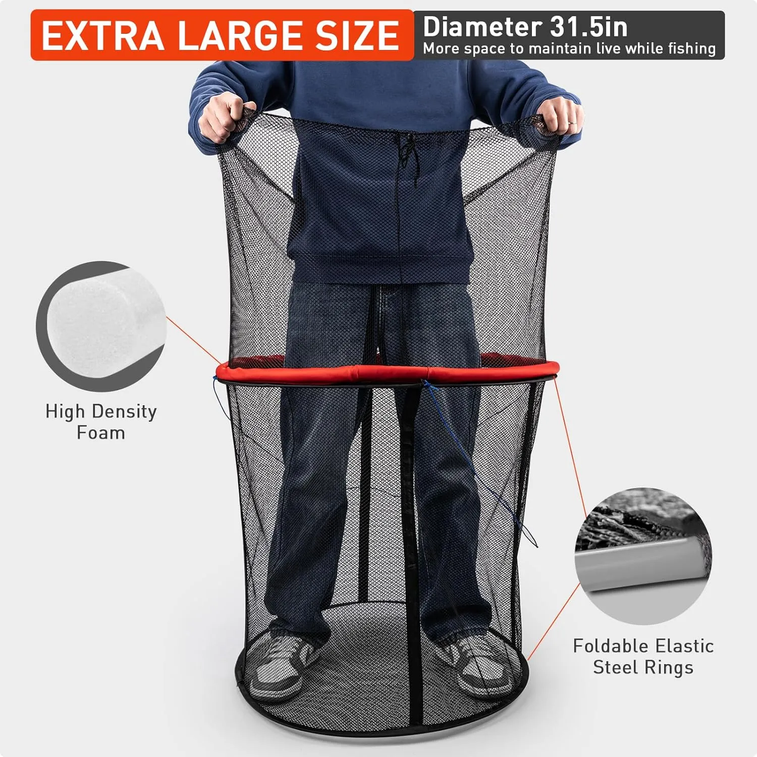 QualyQualy Floating Fish Basket 41/73 Gallons Extra Large for Live Caught, Fully Foldable Fishing Net Holder for Bait Live Well Collapsible Mesh Fishing Holder Cage