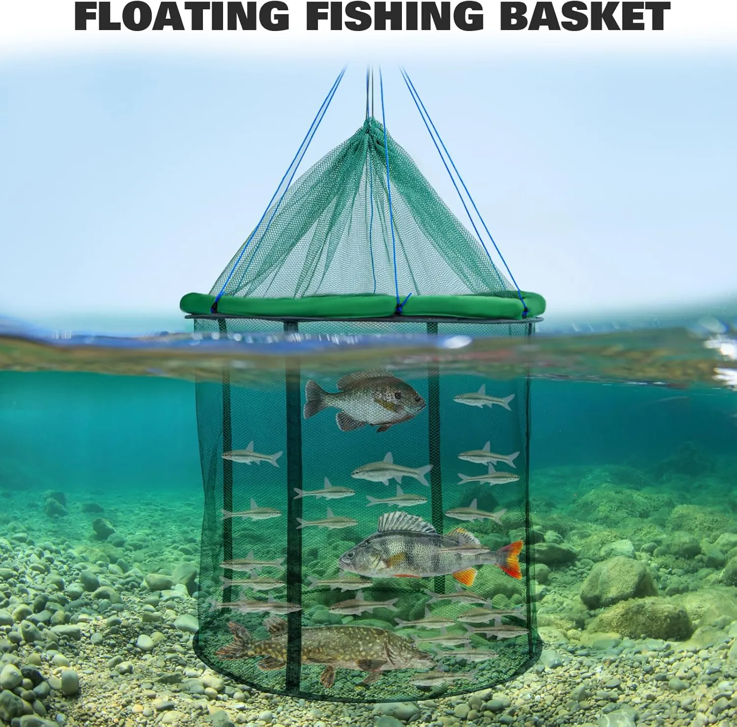 QualyQualy Floating Fish Basket 41/73 Gallons Extra Large for Live Caught, Fully Foldable Fishing Net Holder for Bait Live Well Collapsible Mesh Fishing Holder Cage
