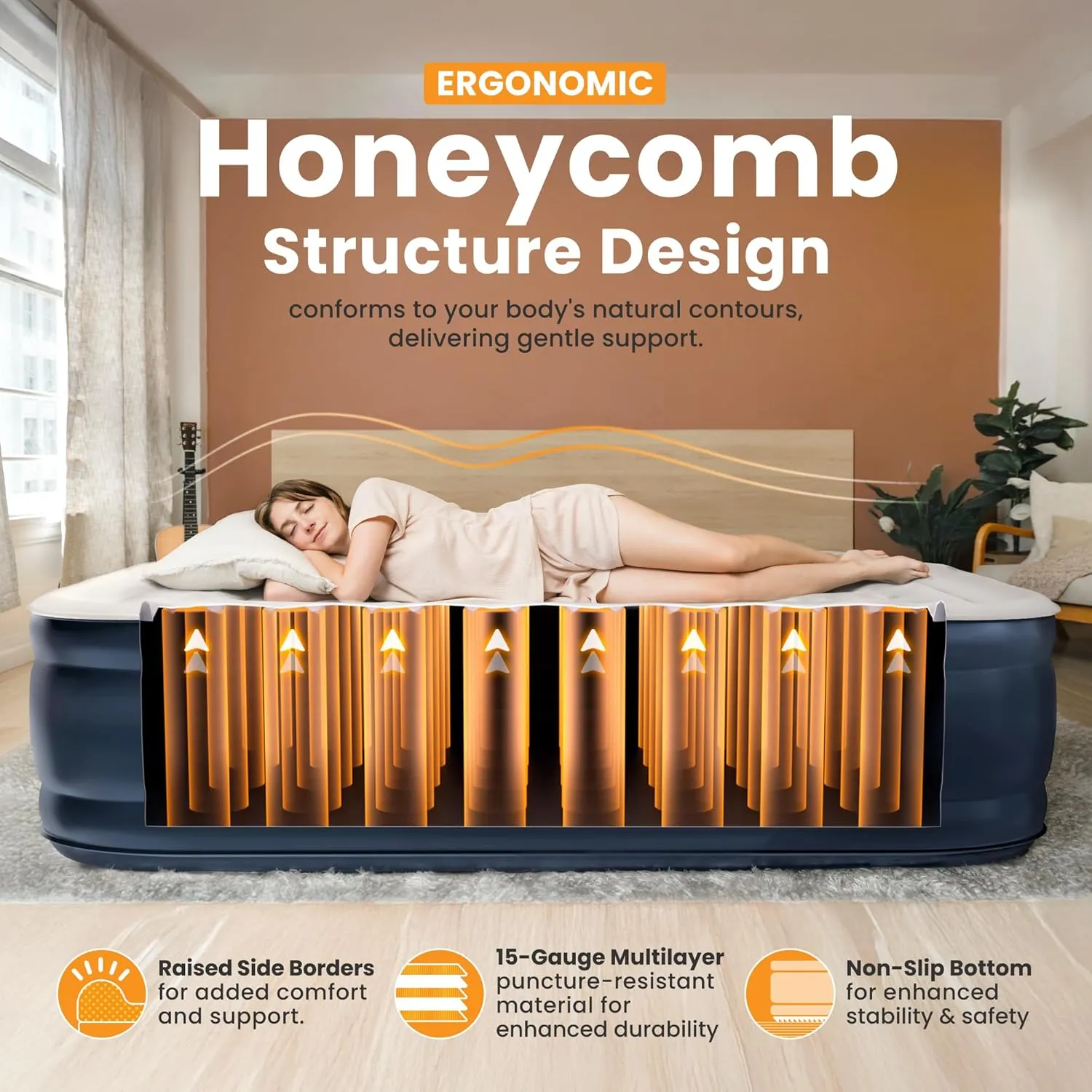 Queen Air Mattress, 18” Raised Inflatable Bed with Built-in Pump, Waterproof Velvety Top, Ergonomic Design, Reinforced Support, and Carry Bag for Home, Camping, and Guests