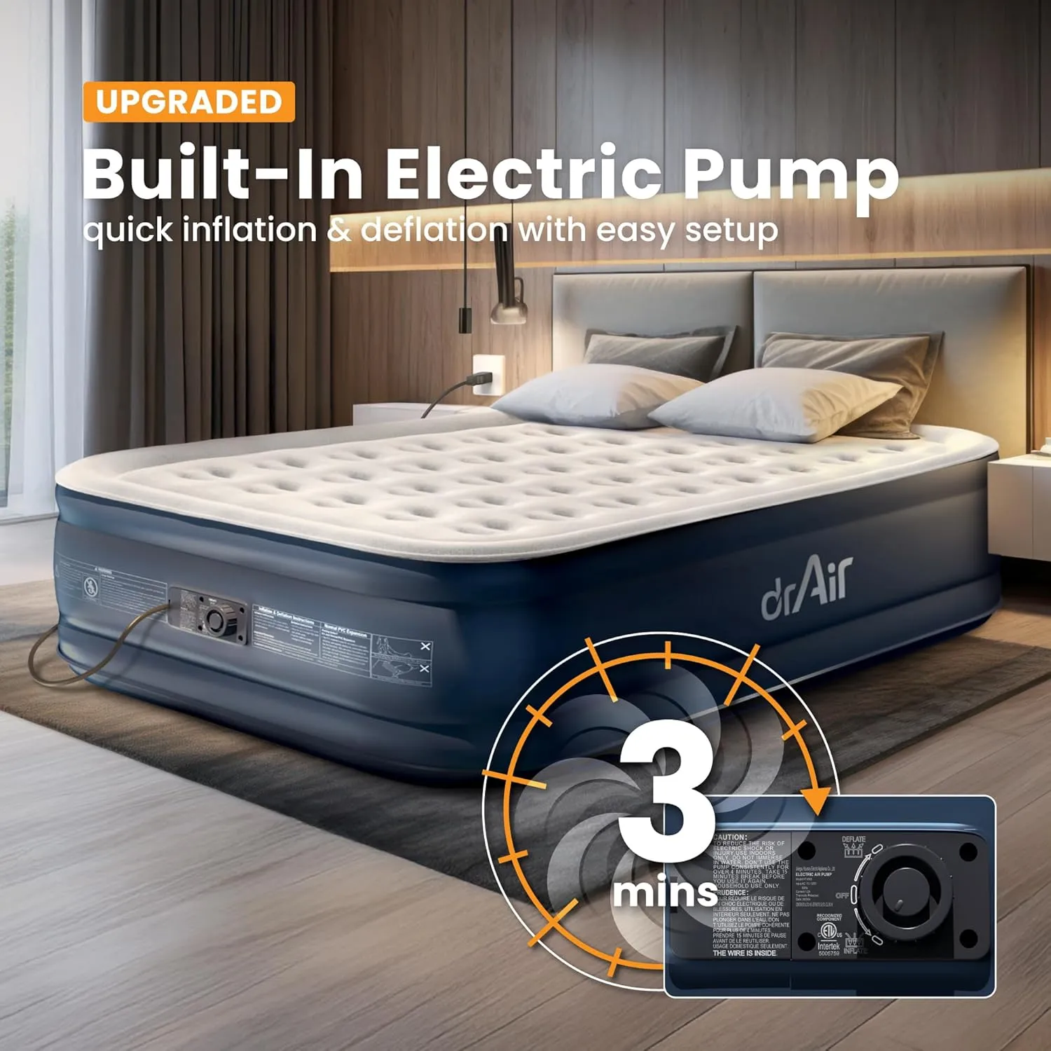 Queen Air Mattress, 18” Raised Inflatable Bed with Built-in Pump, Waterproof Velvety Top, Ergonomic Design, Reinforced Support, and Carry Bag for Home, Camping, and Guests