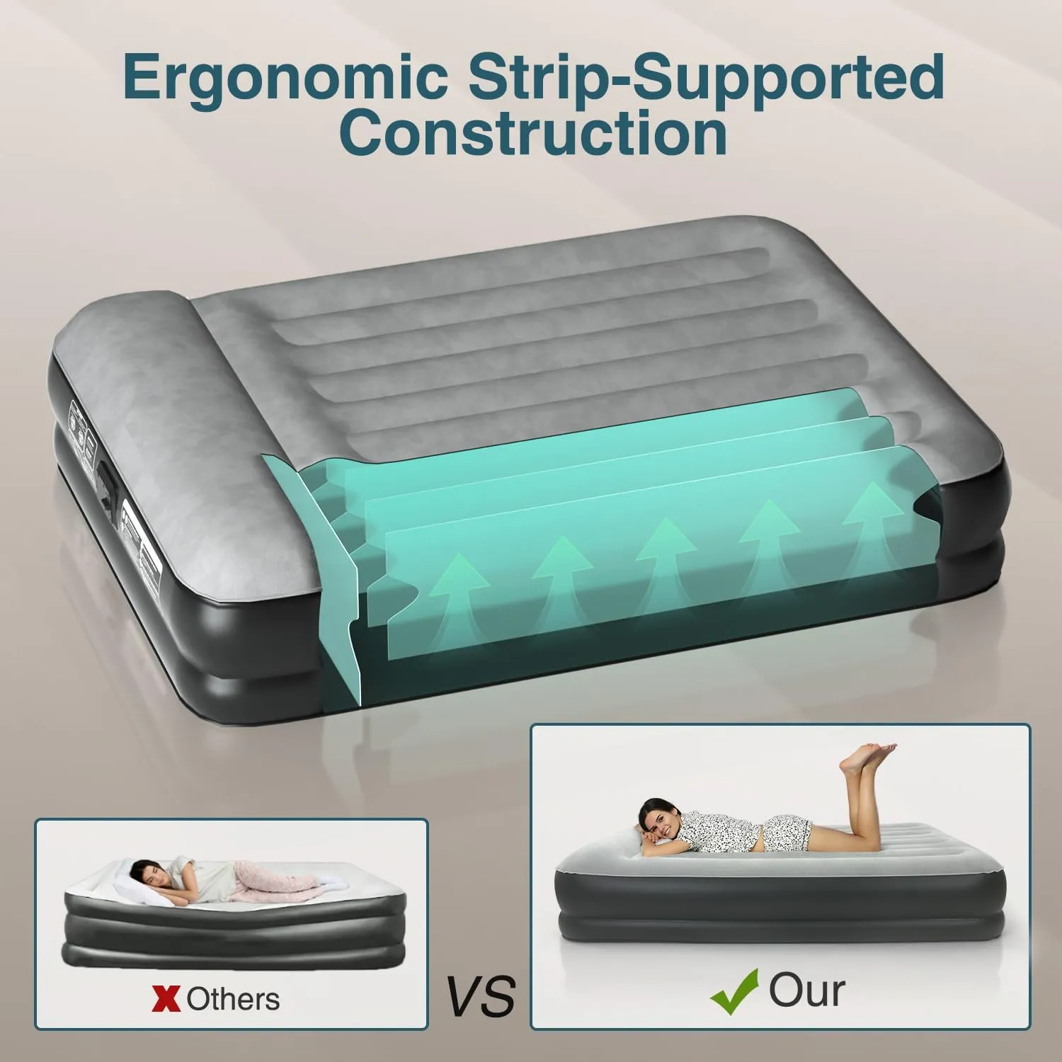 Queen Air Mattress Waterproof and Easy-to-Clean, Blow Up Mattress with Built-in Pump, Durable Inflatable Mattress with Pillow Design Suitable for Naps, Hosting a Friend and Camping