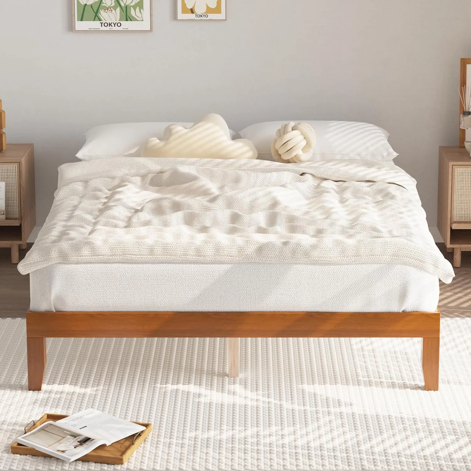 Queen Bed Frames,Wood Bed Frames,Wood Platforms Bed with Wooden Slats Support,Mattress Foundation,No Box Spring Needed,Easy Assembly,Queen,Pine