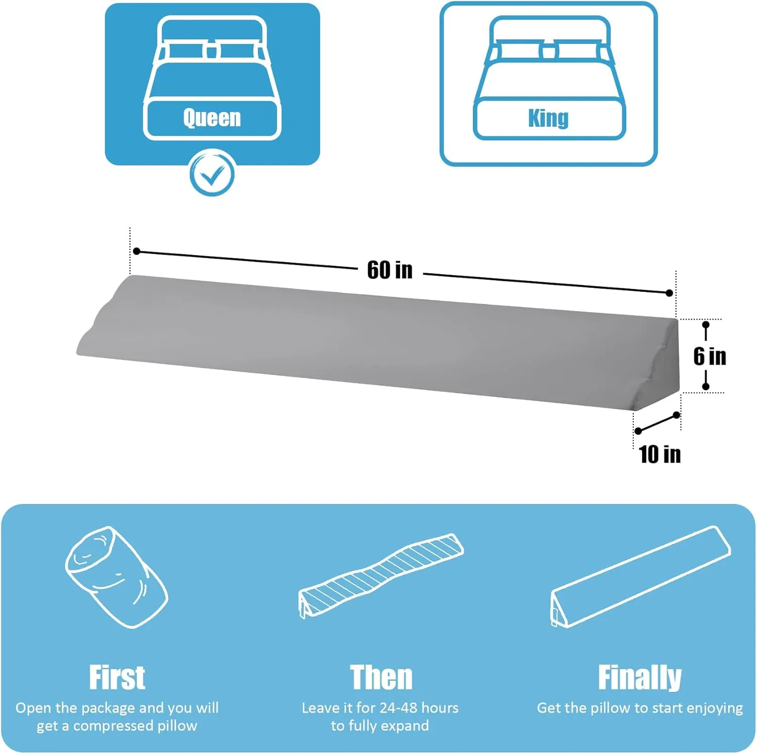 Queen Bed Wedge Pillow for Headboard, Bed Gap Filler, Triangle Pillow Wedge for Headboard Gap, Bolster Pillows for Beds, Anti-Slip Mattress Wedge Gap Filler, 60"×10"×6", Grey