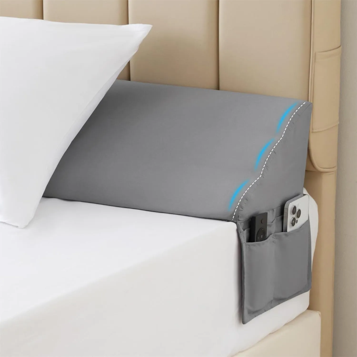 Queen Bed Wedge Pillow for Headboard, Bed Gap Filler, Triangle Pillow Wedge for Headboard Gap, Bolster Pillows for Beds, Anti-Slip Mattress Wedge Gap Filler, 60"×10"×6", Grey