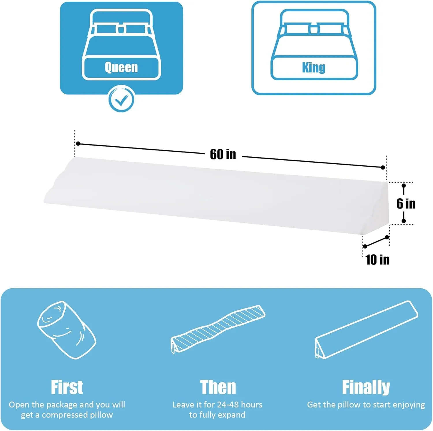 Queen Bed Wedge Pillow for Headboard, Bed Gap Filler, Triangle Pillow Wedge for Headboard Gap, Bolster Pillows for Beds, Anti-Slip Mattress Wedge Gap Filler, 60"×10"×6", White
