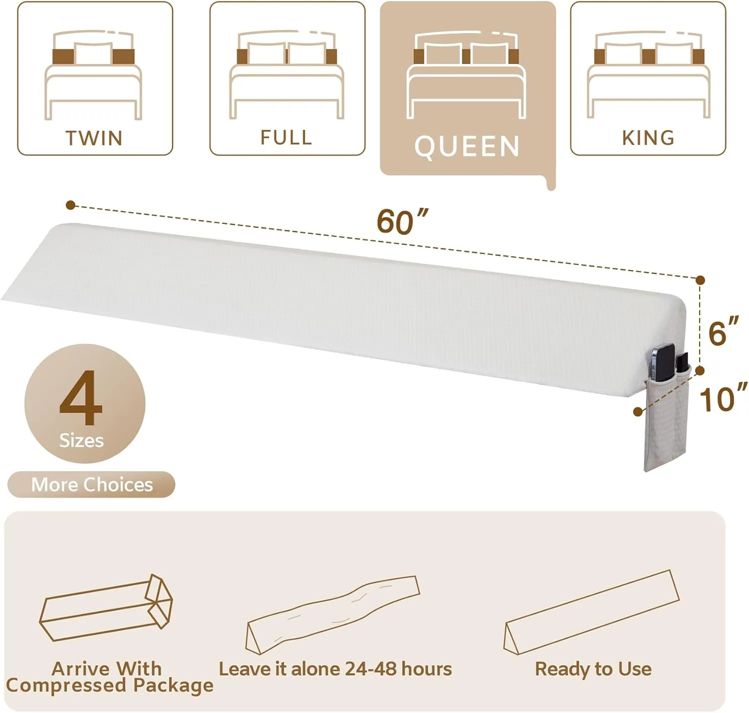 Queen Bed Wedge Pillow for Headboard, Wedge Pillow Headboard, Pillow Wedge for Headboard Gap, Bed Gap Filler- Fill The Gap (0-7") Between Headboard and Mattress (Air-Layer White, 60"x10"x6")