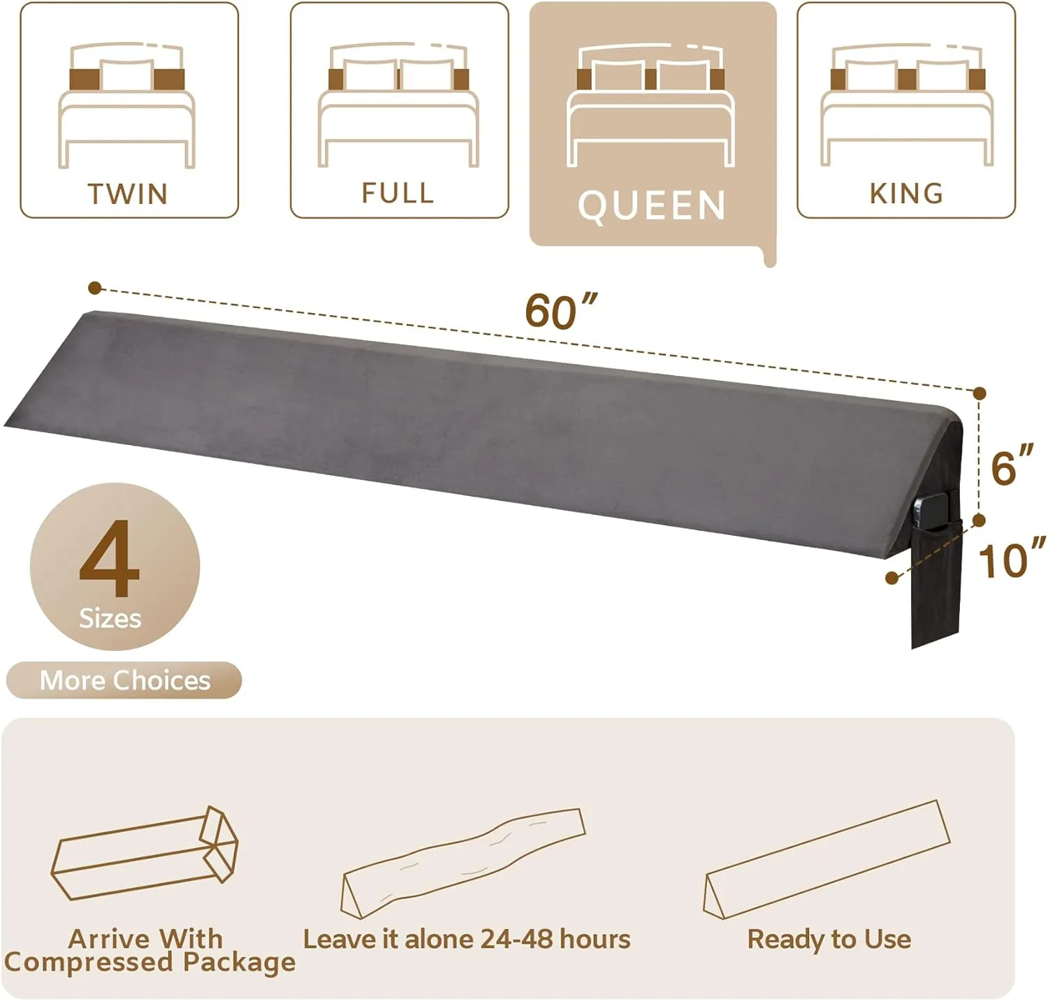 Queen Bed Wedge Pillow for Headboard, Wedge Pillow Headboard, Pillow Wedge for Headboard Gap, Bed Gap Filler - Fill The Gap (0-7") Between Headboard and Mattress (Short Plush, 60"x10"x6")