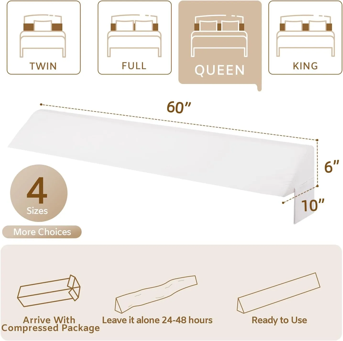 Queen Bed Wedge Pillow for Headboard, Wedge Pillow Headboard, Pillow Wedge for Headboard Gap, Bed Gap Filler Queen - Fill The Gap (0-7") Between Headboard and Mattress (White, 60"x10"x6")