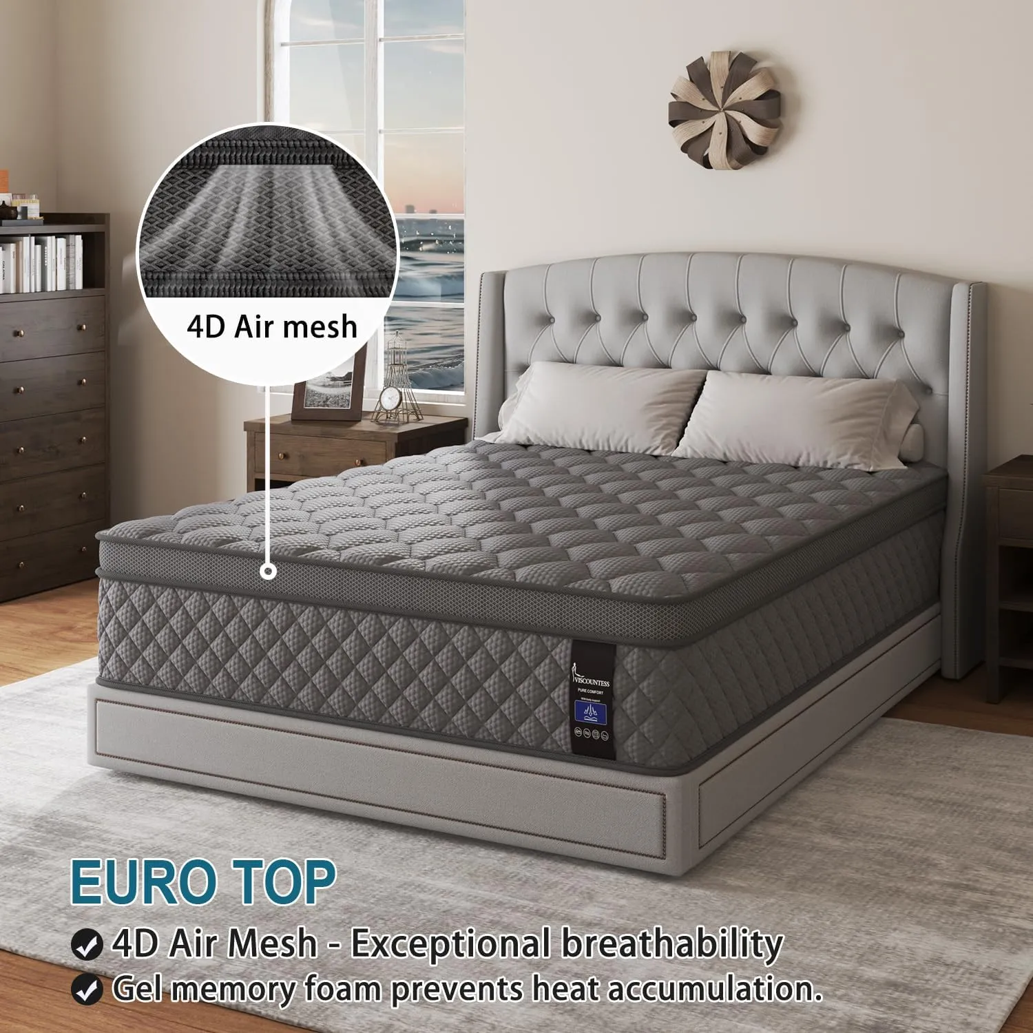 Queen Mattress, 14 Inch Hybrid Mattresses Grey Euro Top Medium Firm for Back & Lumbar Support, 100 Night Trial, Individual Pocket Spring Bed for Motion Isolation & Pressure Relief