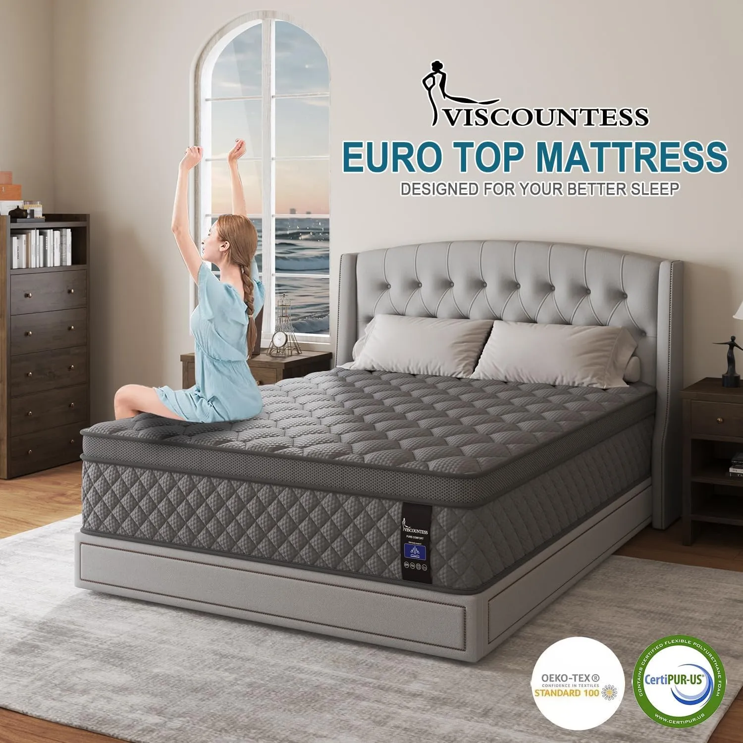 Queen Mattress, 14 Inch Hybrid Mattresses Grey Euro Top Medium Firm for Back & Lumbar Support, 100 Night Trial, Individual Pocket Spring Bed for Motion Isolation & Pressure Relief