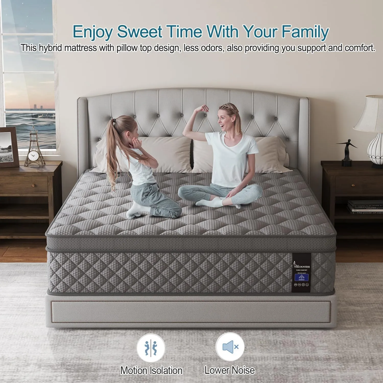 Queen Mattress, 14 Inch Hybrid Mattresses Grey Euro Top Medium Firm for Back & Lumbar Support, 100 Night Trial, Individual Pocket Spring Bed for Motion Isolation & Pressure Relief