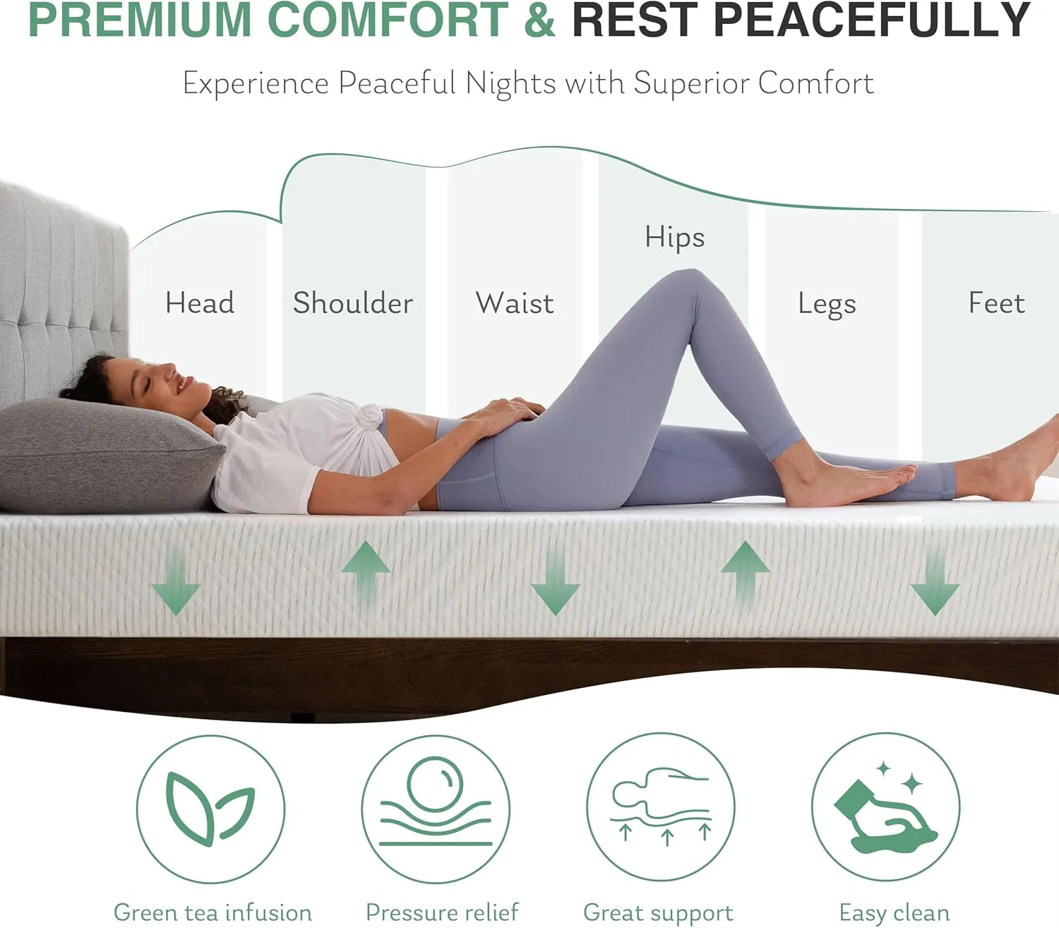 Queen Mattress in a Box, 10 inch Mattresses for Platform Bed Double Size Daybed, Green Tea Memory Foam Medium Firm