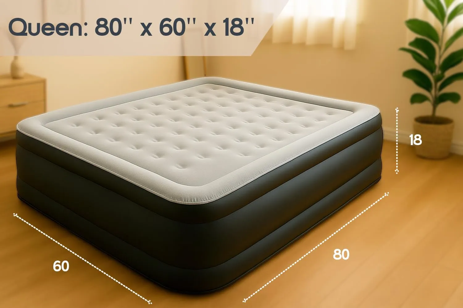 Queen Size Premium Air Mattress with Built-in Pump for Home Camping Guest-Room Inflatable Airbed Blow Up Mattress Firm 18" Grey