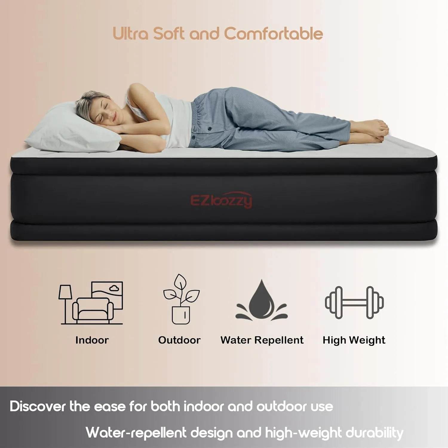 Queen Size Premium Air Mattress with Built-in Pump for Home Camping Guest-Room Inflatable Airbed Blow Up Mattress Firm 18" Grey