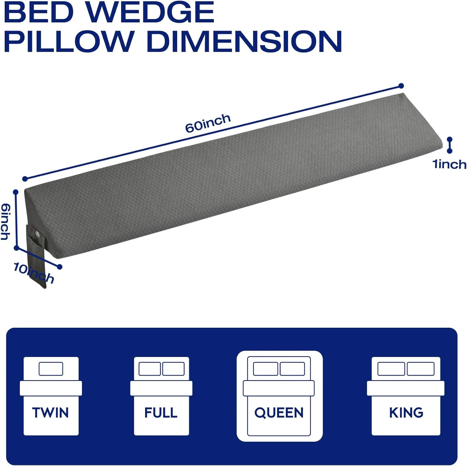 Queen Size Wedge Pillow for Headboard Gap Filler Nora Pillow Wedge Long Wedge Pillow for Queen Size Bed Gap(0-8") Between Mattress and Headboard Grey 60"x10"x6"