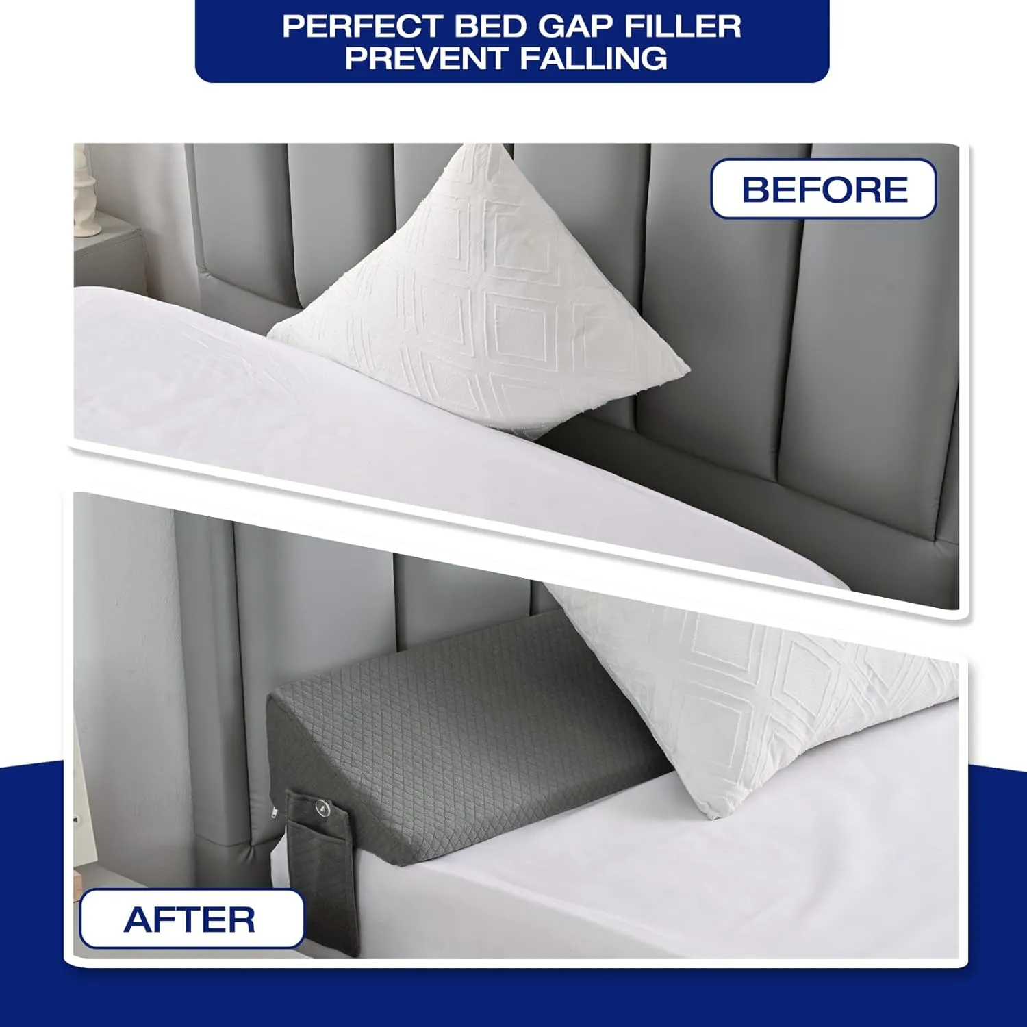 Queen Size Wedge Pillow for Headboard Gap Filler Nora Pillow Wedge Long Wedge Pillow for Queen Size Bed Gap(0-8") Between Mattress and Headboard Grey 60"x10"x6"