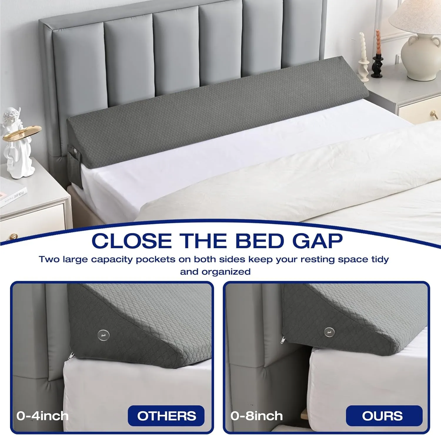 Queen Size Wedge Pillow for Headboard Gap Filler Nora Pillow Wedge Long Wedge Pillow for Queen Size Bed Gap(0-8") Between Mattress and Headboard Grey 60"x10"x6"