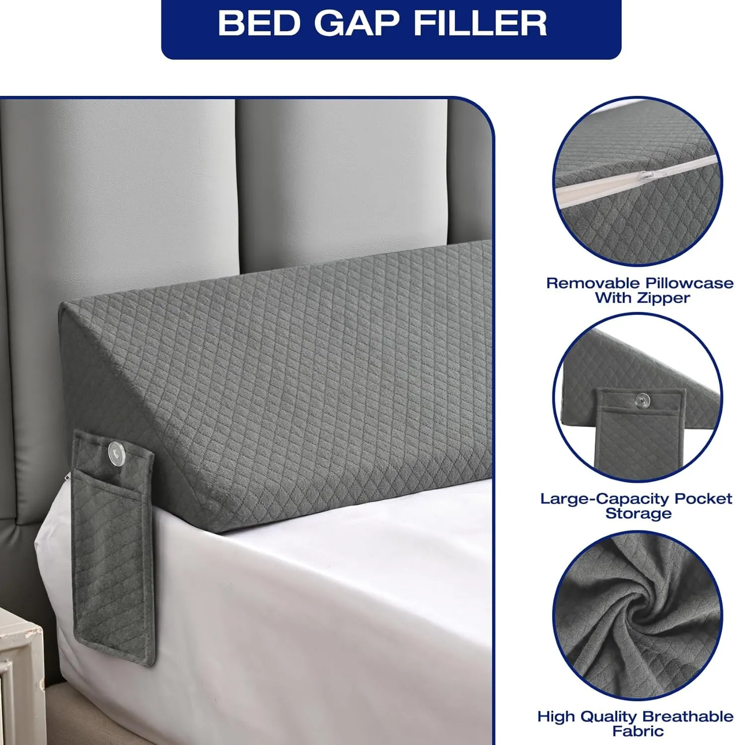 Queen Size Wedge Pillow for Headboard Gap Filler Nora Pillow Wedge Long Wedge Pillow for Queen Size Bed Gap(0-8") Between Mattress and Headboard Grey 60"x10"x6"
