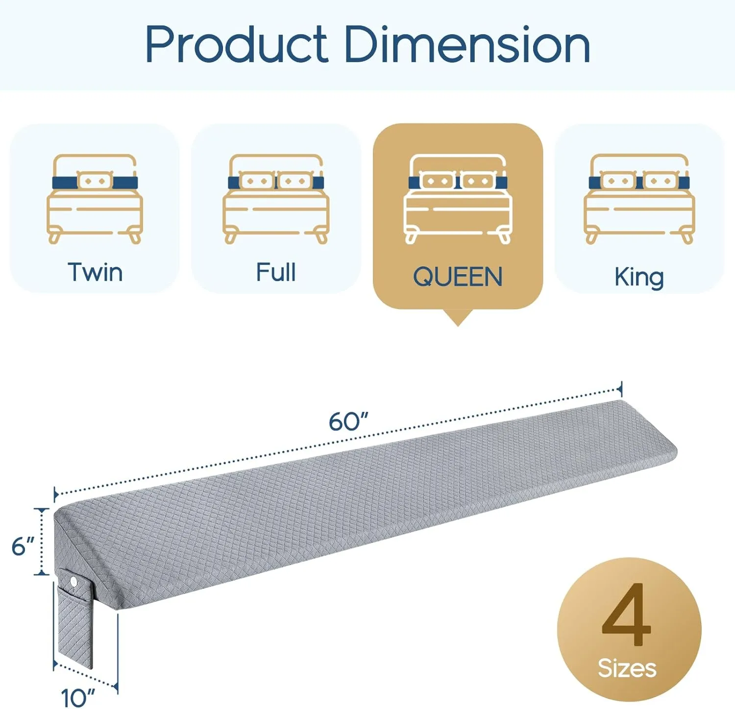 Queen Size（60"x10"x6"） Bed Wedge Pillow for Headboard - Upgraded Bed Gap Filler Queen Between Mattress and Headboard - Triangle Pillow - Grey