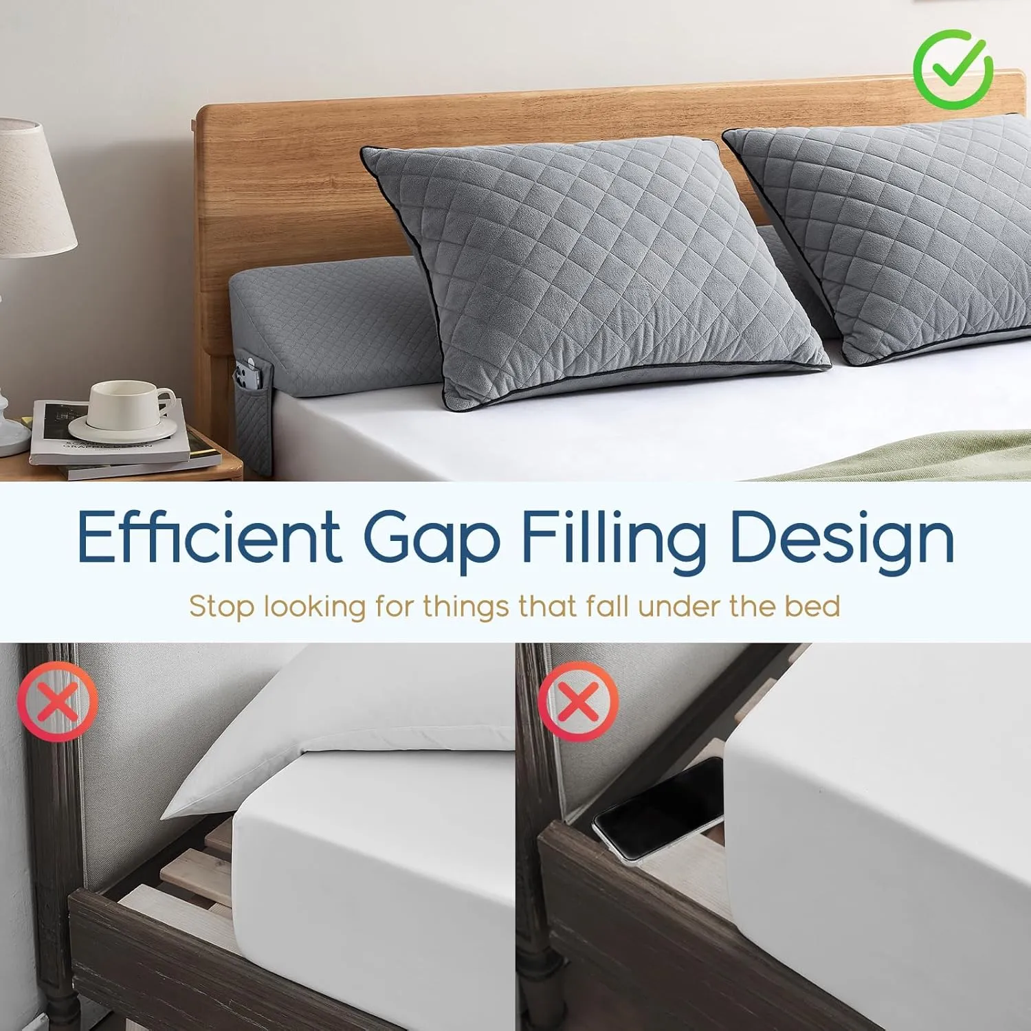 Queen Size（60"x10"x6"） Bed Wedge Pillow for Headboard - Upgraded Bed Gap Filler Queen Between Mattress and Headboard - Triangle Pillow - Grey