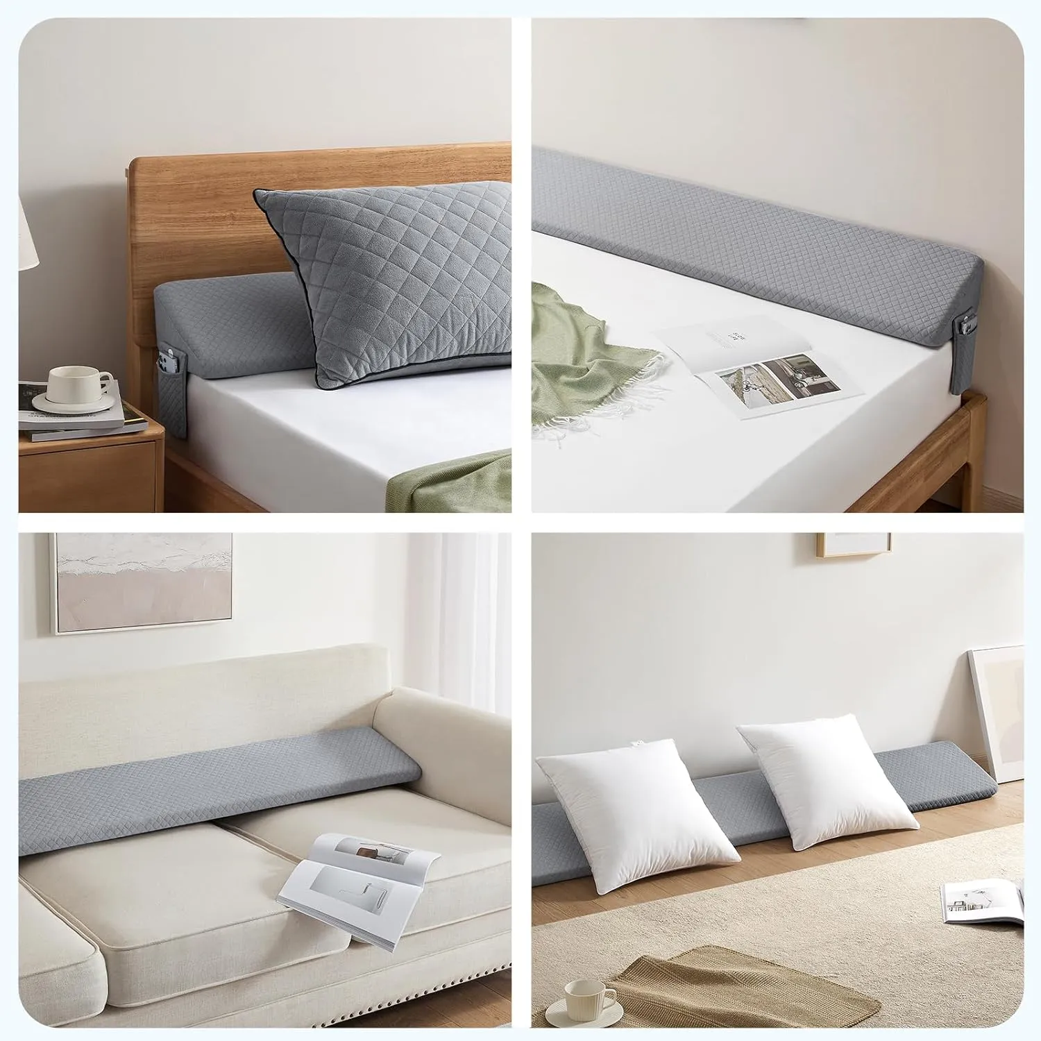 Queen Size（60"x10"x6"） Bed Wedge Pillow for Headboard - Upgraded Bed Gap Filler Queen Between Mattress and Headboard - Triangle Pillow - Grey
