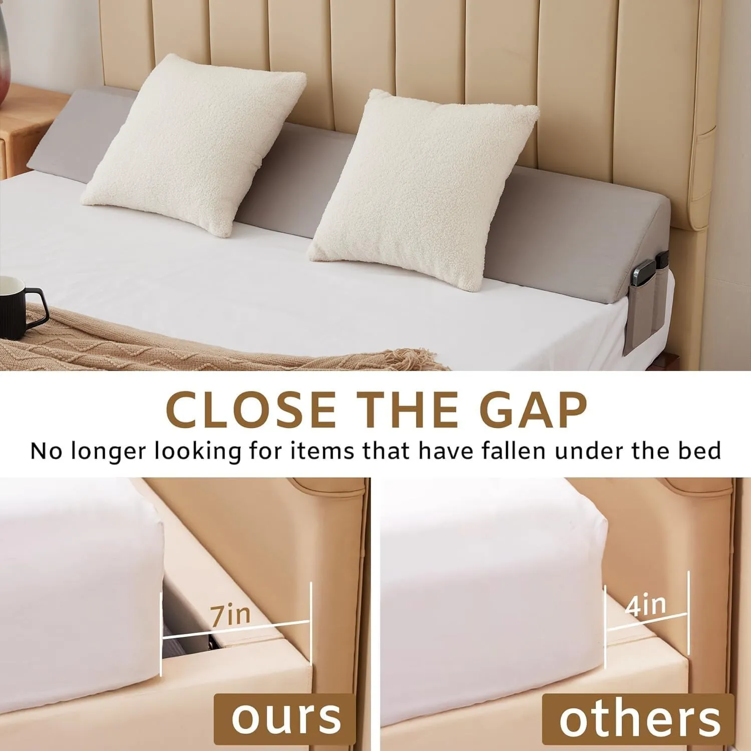 Queen Wedge Pillow Headboard, Bed Wedge Pillow for Headboard, Pillow Wedge for Headboard Gap, Bed Gap Filler Queen- Fill The Gap (0-7") Between Headboard and Mattress (Gray, 60"x10"x6")