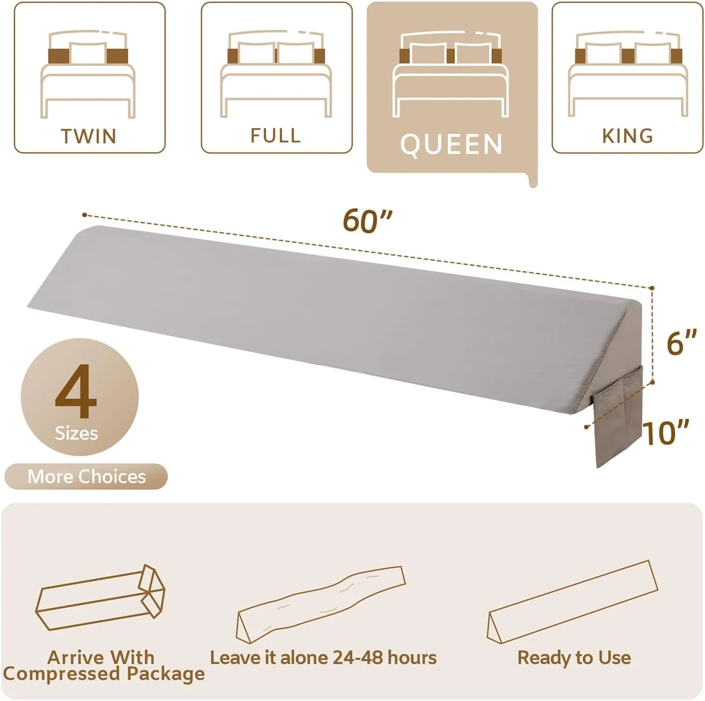 Queen Wedge Pillow Headboard, Bed Wedge Pillow for Headboard, Pillow Wedge for Headboard Gap, Bed Gap Filler Queen- Fill The Gap (0-7") Between Headboard and Mattress (Gray, 60"x10"x6")