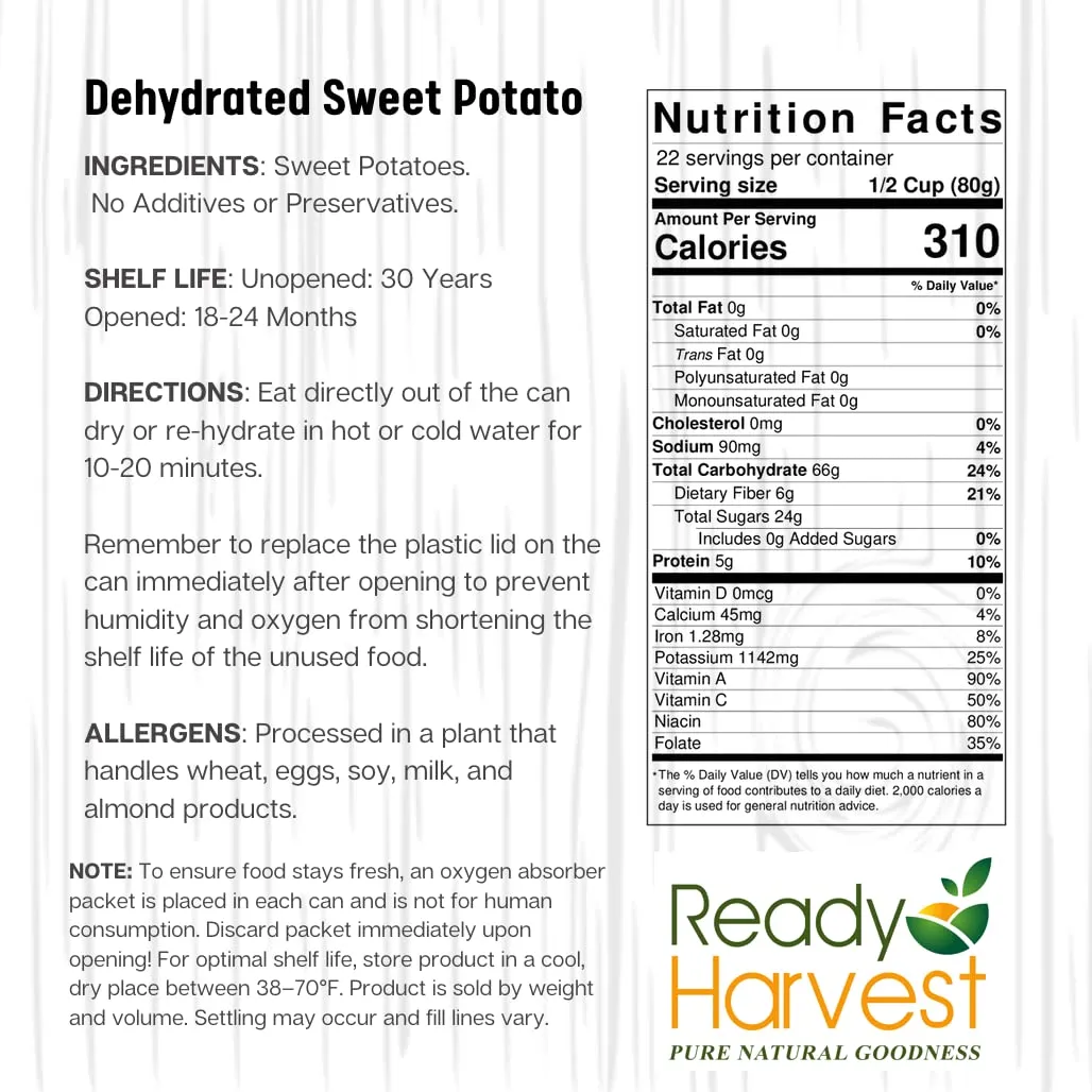 Ready Harvest Dehydrated Sweet Potatoes – Canned Sweet Potatoes Alternative | Camper Must-Haves & Camping Essentials | Hurricane Preparedness Survival Food | Pantry Staples | #10 Can | 25-Year Shelf Life