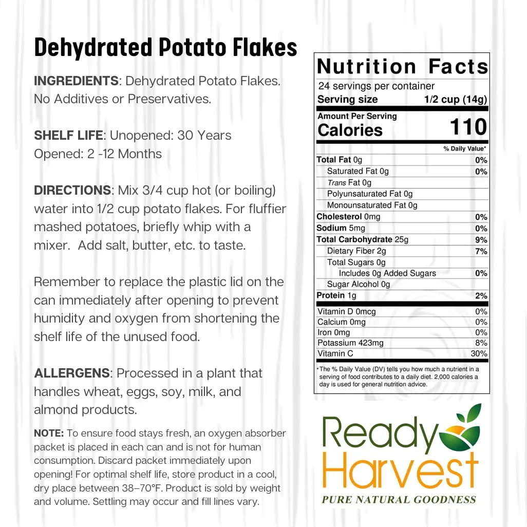 Ready Harvest Food Dehydrated Potato Flakes for instant mashed potatoes | Camper must haves camping essentials | Hurricane Preparedness Items, Survival Food, #10 Can | 30 Year Shelf Life