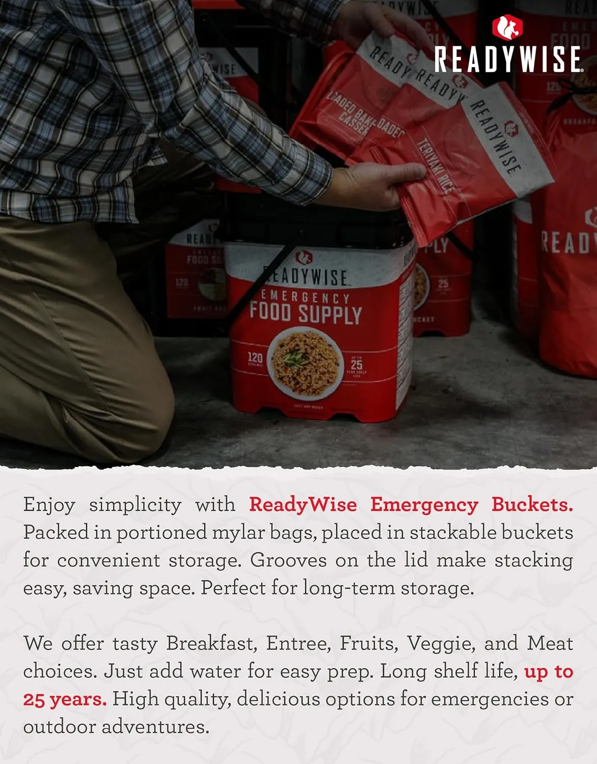 READYWISE - Emergency Food Supply Bucket, 120 Servings, MRE Meal Food Supply, Premade, Freeze Dried Survival Rations for Hiking, Adventure & Camping Essentials, Individually Packaged, 25 Year Shelf Life