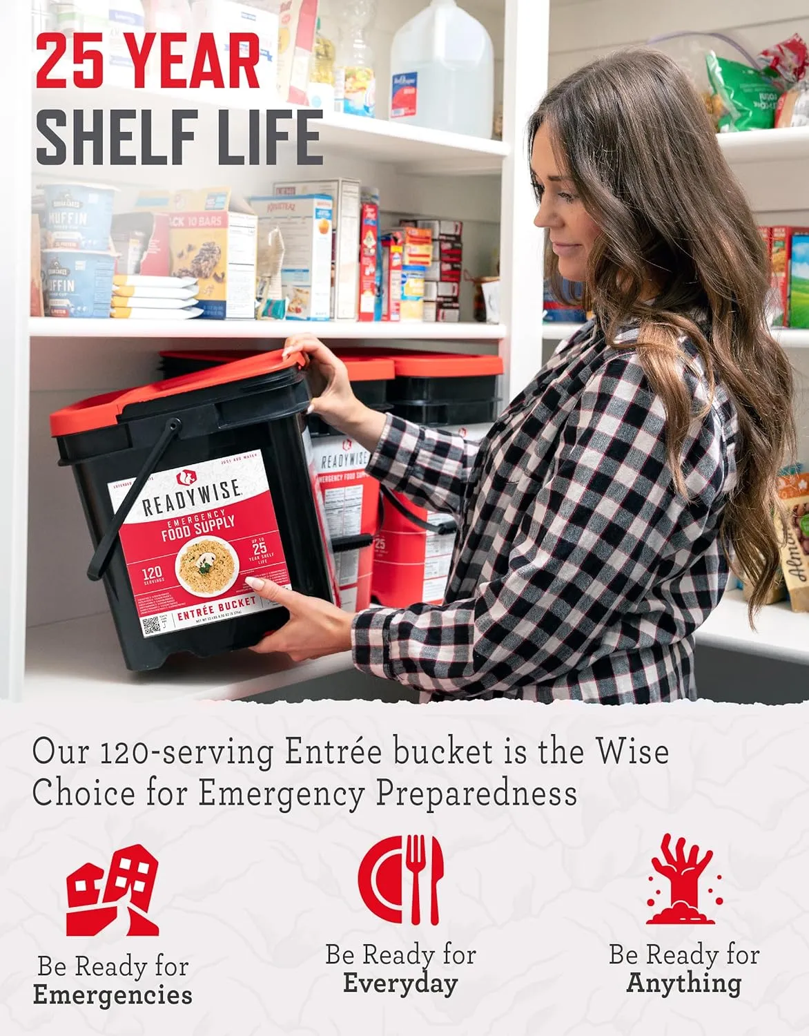 READYWISE - Emergency Food Supply Bucket, 120 Servings, MRE Meal Food Supply, Premade, Freeze Dried Survival Rations for Hiking, Adventure & Camping Essentials, Individually Packaged, 25 Year Shelf Life