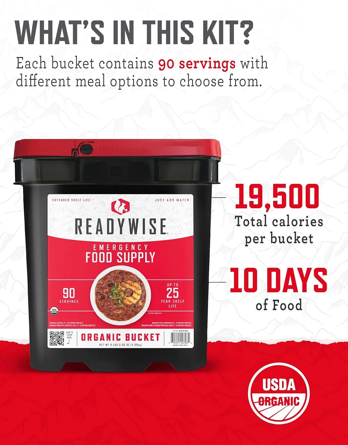 READYWISE - Organic Bucket, 90 Servings, Emergency, MRE Meal, Food Supply, Premade, Freeze Dried Survival Food for Hiking, Adventure and Camping Essentials, Individually Packaged, 25 Year Shelf Life