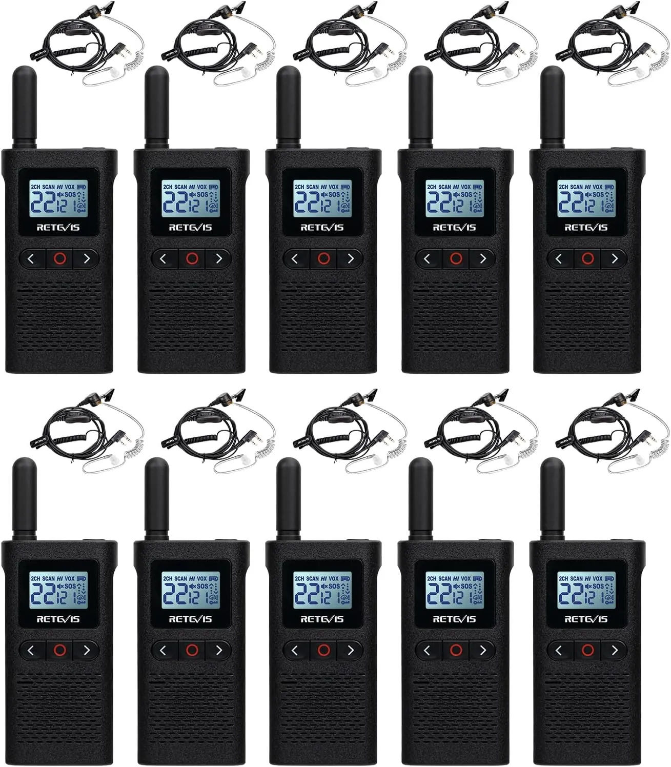 Retevis RB28 Walkie Talkies with Earpiece,USB-C Walkie Talkies Rechargeable,Large LCD Screen,1500mAh,NOAA Weather,Business Walkie Talkie for Adults Long Range for School Restaurant Healthcare(10 Pack)