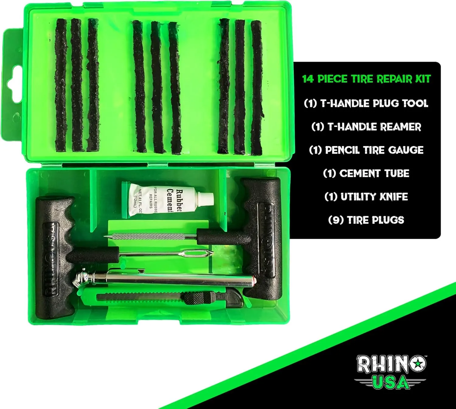 Rhino USA Tire Repair Kit (14-Piece) Professional Heavy Duty Tire Plug Kit to Fix Punctures & Patch Flats with Ease - Ultimate Tubeless Tire Repair Tools for Car, Motorcycle, ATV, UTV, RV and Trailer