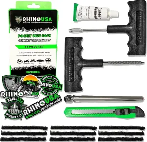 Rhino USA Tire Repair Kit (14-Piece) Professional Heavy Duty Tire Plug Kit to Fix Punctures & Patch Flats with Ease - Ultimate Tubeless Tire Repair Tools for Car, Motorcycle, ATV, UTV, RV and Trailer