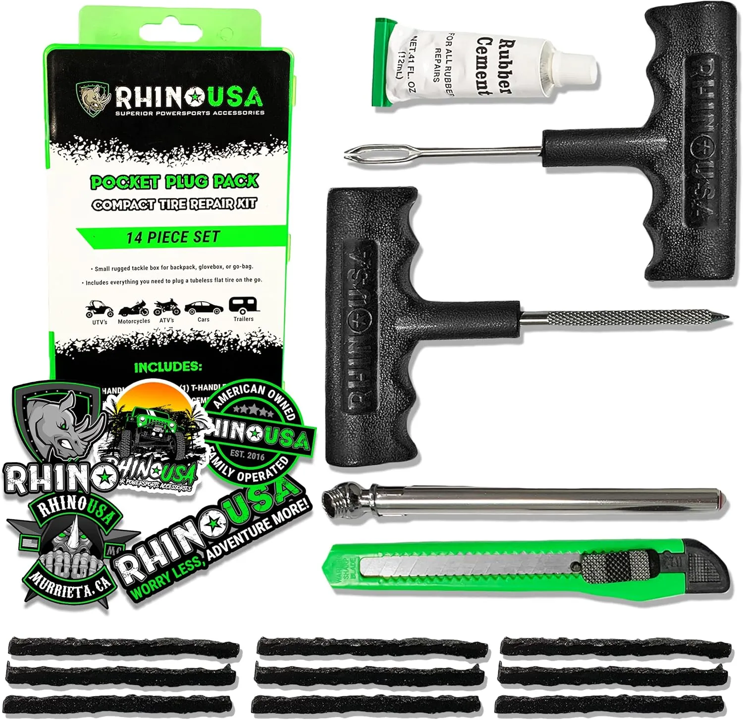 Rhino USA Tire Repair Kit (14-Piece) Professional Heavy Duty Tire Plug Kit to Fix Punctures & Patch Flats with Ease - Ultimate Tubeless Tire Repair Tools for Car, Motorcycle, ATV, UTV, RV and Trailer
