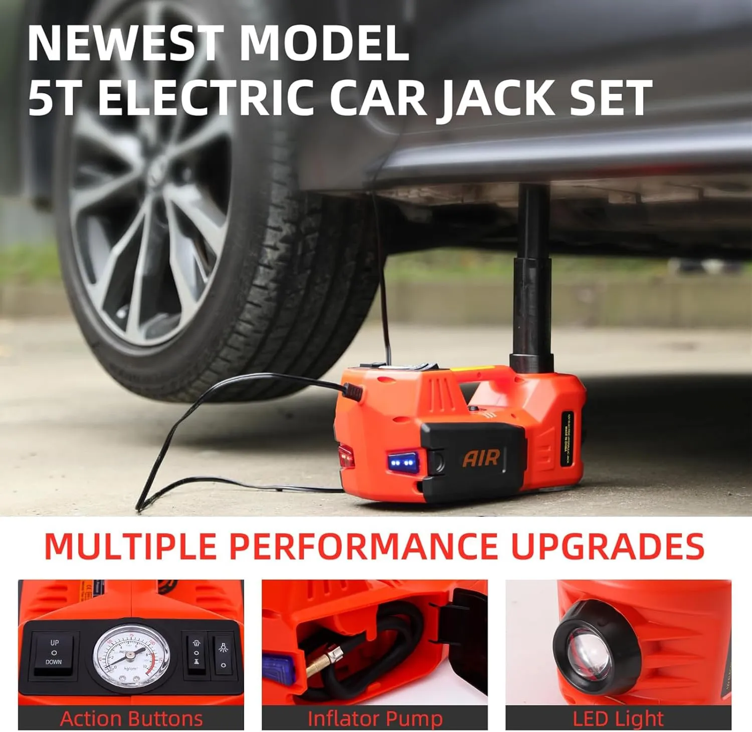 ROGTZ Electric Hydraulic Car Jack Kit with Impact Wrench and Tire Inflator Pump, 5 Ton 12V Hydraulic Jack for SUV Sedans Tire Change with LED Light(Red)