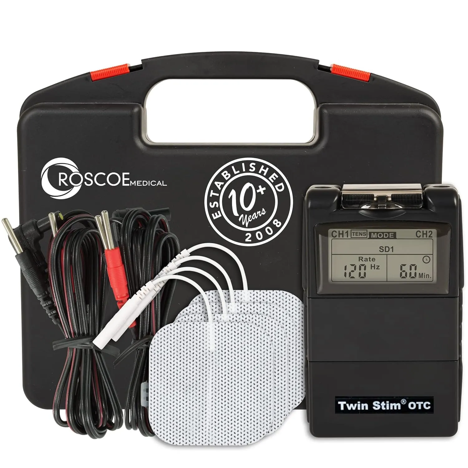 Roscoe Medical TENS Unit and EMS Muscle Stimulator, Twin Stim - OTC TENS Machine for Back Pain Relief, Lower Back Pain Relief, Neck Pain, or Sciatica Pain Relief, Clinical Strength Stim Machine