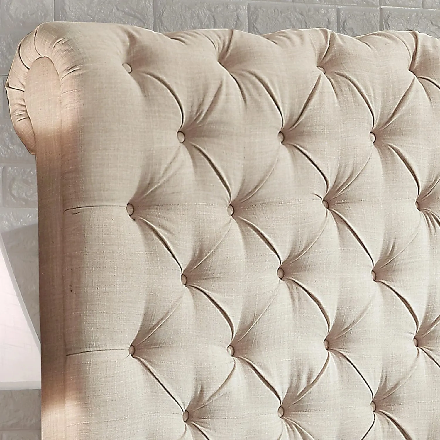 Rosevera Atherine Upholstered Bed Frame/Fabric Upholstered Bed Frame with Adjustable Headboard/Chesterfield-Styled/Rolled Head/Wood Slat Support/Easy Assembly,King,Beige