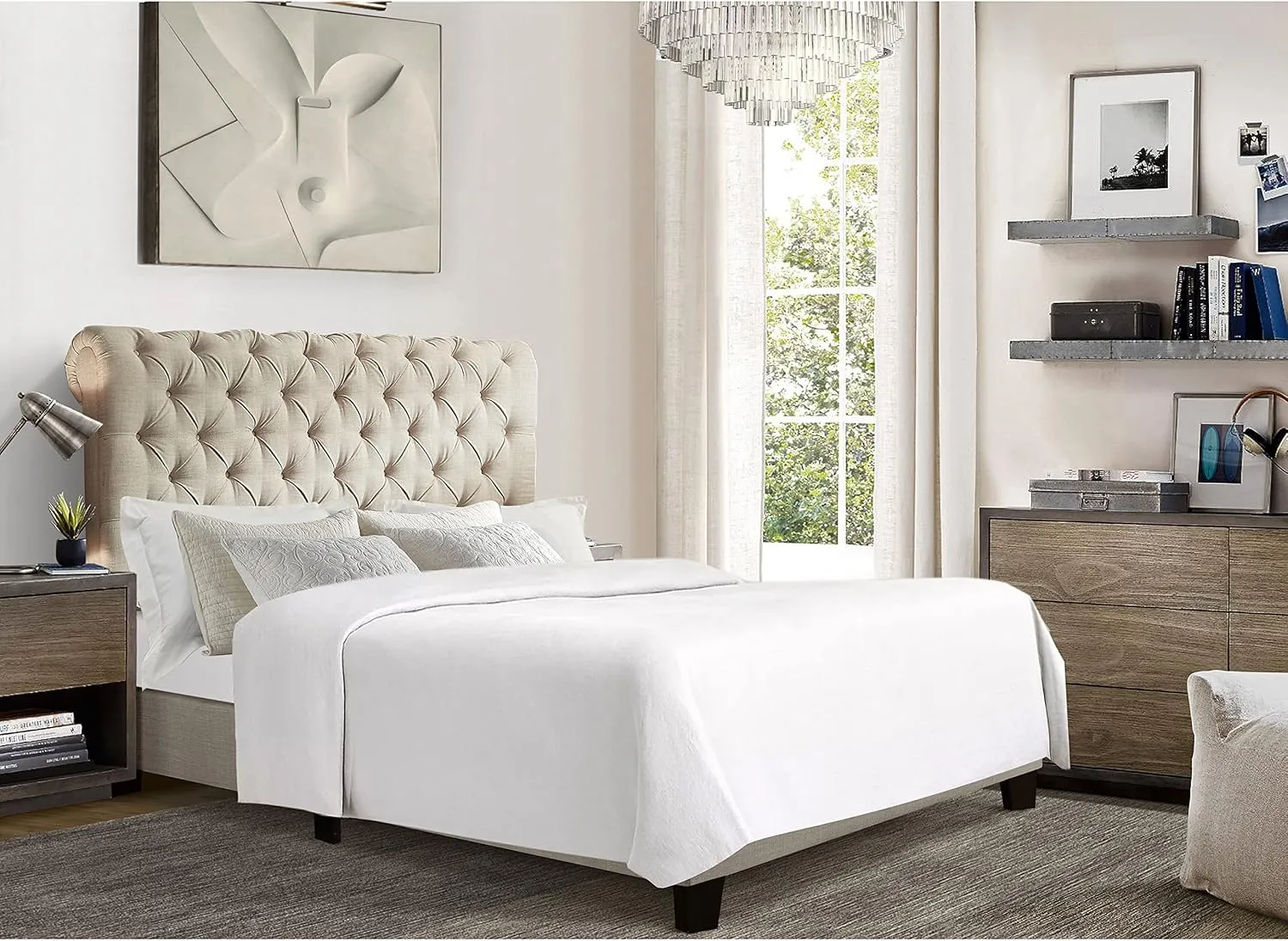 Rosevera Atherine Upholstered Bed Frame/Fabric Upholstered Bed Frame with Adjustable Headboard/Chesterfield-Styled/Rolled Head/Wood Slat Support/Easy Assembly,King,Beige