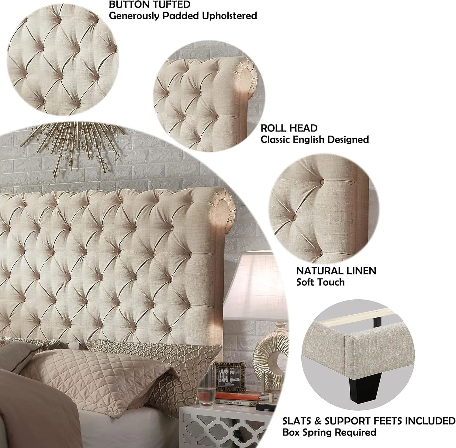 Rosevera Atherine Upholstered Bed Frame/Fabric Upholstered Bed Frame with Adjustable Headboard/Chesterfield-Styled/Rolled Head/Wood Slat Support/Easy Assembly,King,Beige