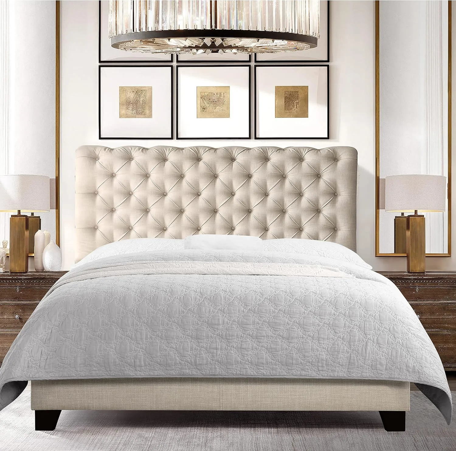 Rosevera Atherine Upholstered Bed Frame/Fabric Upholstered Bed Frame with Adjustable Headboard/Chesterfield-Styled/Rolled Head/Wood Slat Support/Easy Assembly,King,Beige